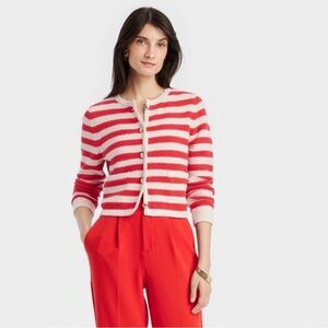 Striped Red and White Women's Sweater Cardigan Gold Buttons XS A New Day Spring